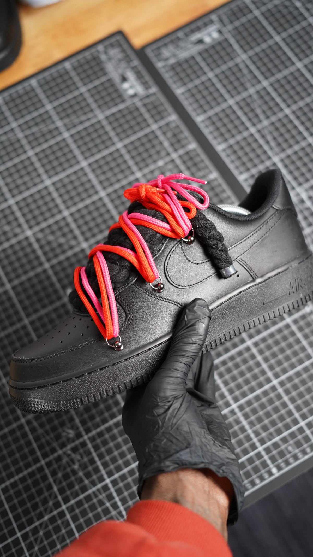 Custom Nike AF1 Black “ROPE LACES” 2x Dunk Red/Pink